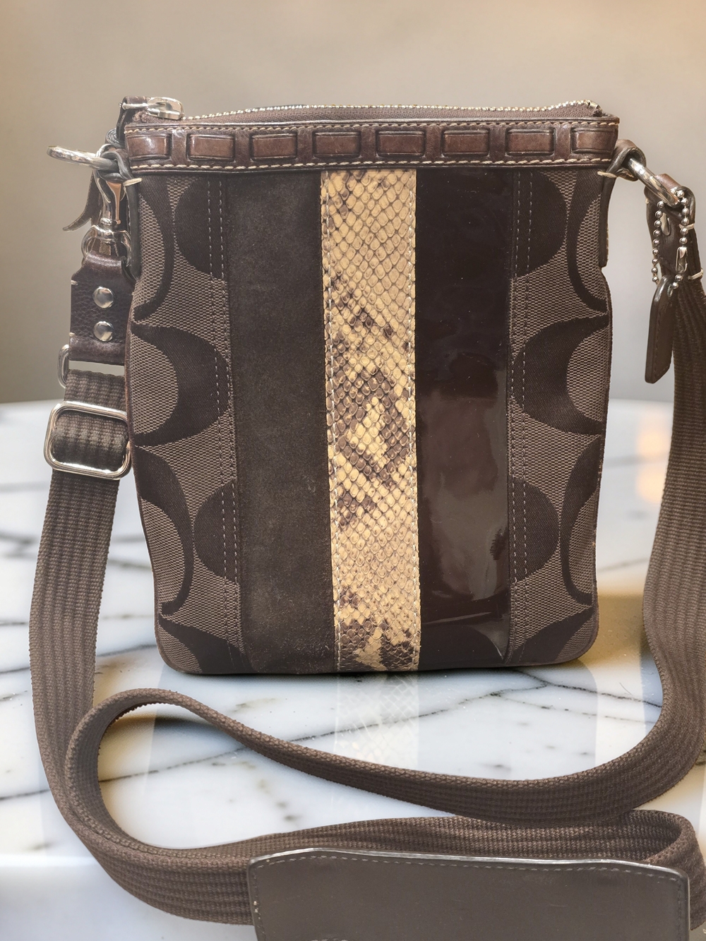 Vintage Coach Hamptons Signature Python & Suede Stripe Swingpack Crossbody Bag